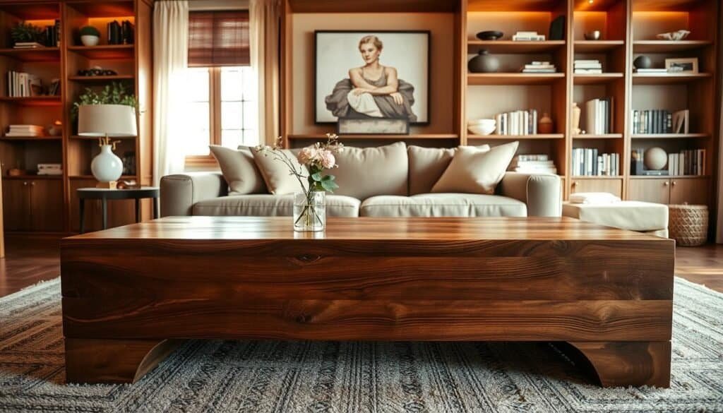A beautifully crafted statement wooden furniture piece, prominently displayed in a cozy living room setting. In the foreground, a large, elegantly designed walnut coffee table with intricate wood grain patterns, adorned with a small vase of fresh flowers. In the middle, a stylish, plush sofa in muted earth tones complements the rich hues of the wood, while a textured area rug anchors the scene. The background features a softly lit bookshelf filled with decoratives and books, bathed in warm, natural light streaming through a large window. The atmosphere is inviting and serene, evoking a sense of comfort and warmth, ideal for contemporary living spaces. Capture this scene from a slightly elevated angle, enhancing the depth and inviting vibe of the room while maintaining a sharp focus on the wooden furniture.