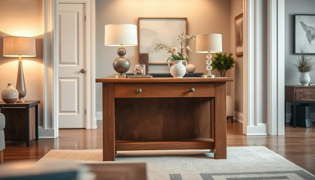 A beautifully crafted wood entry table serves as the focal point in a stylish living room. The table features a rich, natural grain with a warm oak finish, showcasing intricate knots and textures. In the foreground, delicate decorative items, such as a ceramic vase with fresh flowers and an artful table lamp, add charm and personality. The middle ground reveals a stylishly arranged hallway, with a soft, neutral-colored rug underneath the table enhancing the inviting atmosphere. In the background, a cozy wall with framed artwork and a subtle abstract design adds depth to the scene. Soft, warm lighting bathes the entire space, creating an inviting and serene ambiance. Capture this scene from a slightly elevated angle, emphasizing the table's details while reflecting a harmonious blend of natural wood accents in a modern living room setting.