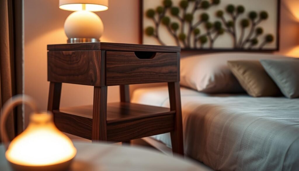 A beautifully crafted wooden bedside table made of rich, dark walnut, showcasing intricate grain patterns and a smooth finish. The table features a minimalist design with clean lines, a small drawer, and a gently curved tabletop. In the foreground, a soft, warm bedside lamp emits a cozy glow, casting gentle shadows that enhance the wood’s texture. The middle ground includes a plush, inviting bed with neutral-toned bedding, complementing the natural aesthetic of the wooden table. In the background, a softly blurred view of a calming, nature-themed wall decor adds tranquility to the scene. The lighting is warm and inviting, with a focus on creating a serene atmosphere that promotes relaxation and grounding. The overall mood evokes a sense of peace and comfort, ideal for winding down at night.