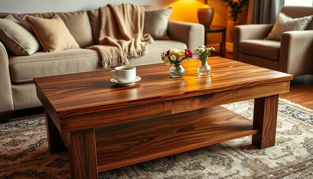 A beautifully crafted wooden coffee table made of rich mahogany, showcasing intricate wood grain patterns and a smooth finish. The table is centered in a cozy living room setting, surrounded by plush, neutral-toned couches and an inviting armchair. In the foreground, a steaming cup of coffee rests on the table beside a small vase with fresh flowers, enhancing the homey ambiance. The middle ground features soft throw blankets draped over the couch, while a stylish area rug anchors the room. The background includes warm lighting from a nearby lamp, casting a gentle glow and creating a serene atmosphere. The scene conveys a sense of comfort and intimacy, perfect for those seeking to enhance their living spaces with wooden elements.