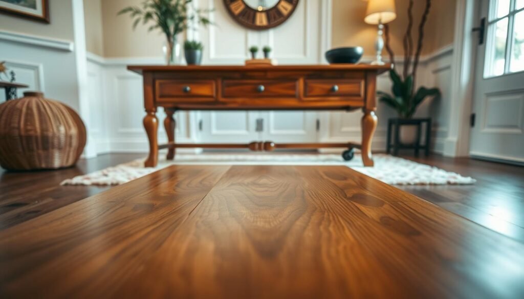 A beautifully crafted wooden console table positioned in a cozy, elegantly decorated entryway. The table features rich, warm wood tones with intricate grain patterns, evoking a sense of rustic charm. In the foreground, small decorative items like a potted plant and a stylish bowl add personal touches. The middle ground showcases a soft rug beneath the table, further enhancing the inviting atmosphere. In the background, subtle lighting from a nearby window casts a gentle glow, highlighting the table's craftsmanship and creating a serene ambiance. The scene captures a warm, welcoming feel, ideal for a living room that embraces coziness. The composition is framed from an eye-level angle, ensuring a realistic perspective.