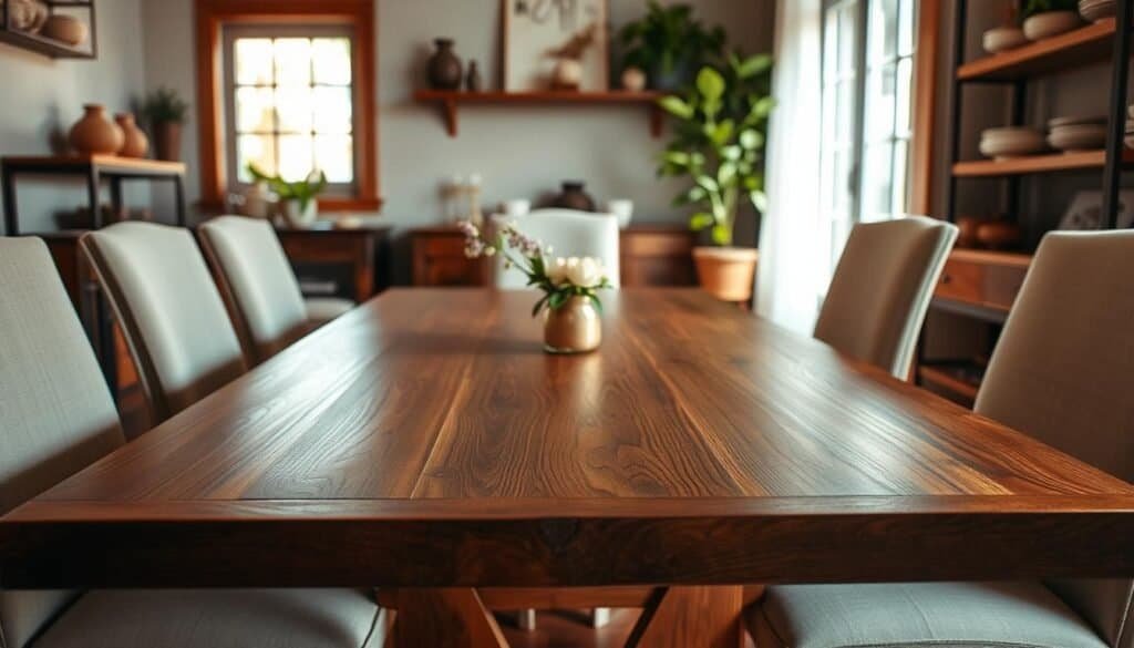A beautifully crafted wooden dining table takes center stage in a cozy, inviting dining room. The table, made of rich, dark oak, showcases intricate grain patterns and a smooth finish, visually emphasizing its warmth. Surrounding the table are elegant, upholstered chairs in soft neutral tones, creating a harmonious contrast. In the foreground, a simple, rustic centerpiece featuring a vase of fresh flowers adds a touch of nature. The middle ground captures the soft glow of natural light streaming in from a nearby window, highlighting the table’s polished surface. In the background, subtle décor elements like wooden shelves adorned with tasteful pottery and greenery enhance the inviting atmosphere. The scene is styled to evoke warmth and comfort, perfect for enhancing a dining area. The overall mood is serene, promoting relaxation and togetherness, ideal for family gatherings and intimate dinners.