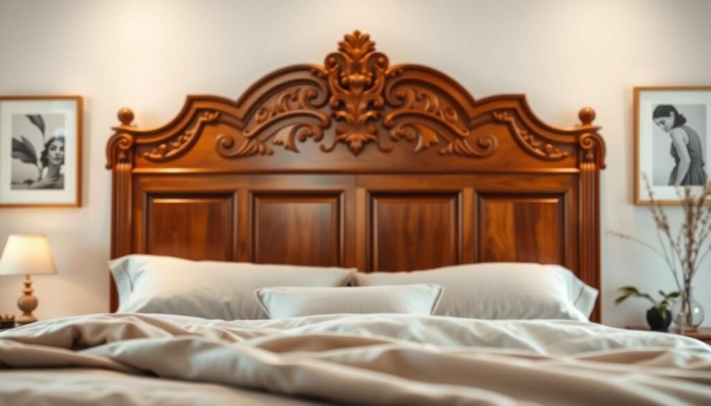 A beautifully crafted wooden headboard takes center stage in a serene bedroom setting. The headboard features intricate carvings and a rich, warm finish, showcasing the natural grain of the wood. Soft, diffused lighting casts a gentle glow, illuminating the textures and details of the wood. In the foreground, plush bedding with neutral-toned pillows and a light throw blanket creates a cozy atmosphere. In the middle ground, the elegant wooden headboard stands tall against a softly painted wall, perhaps in a light pastel color. The background features blurred soft-focus elements like framed artwork and delicate plants, enhancing the tranquil vibe of the space. The overall mood is calming and inviting, perfect for promoting a peaceful night’s sleep.