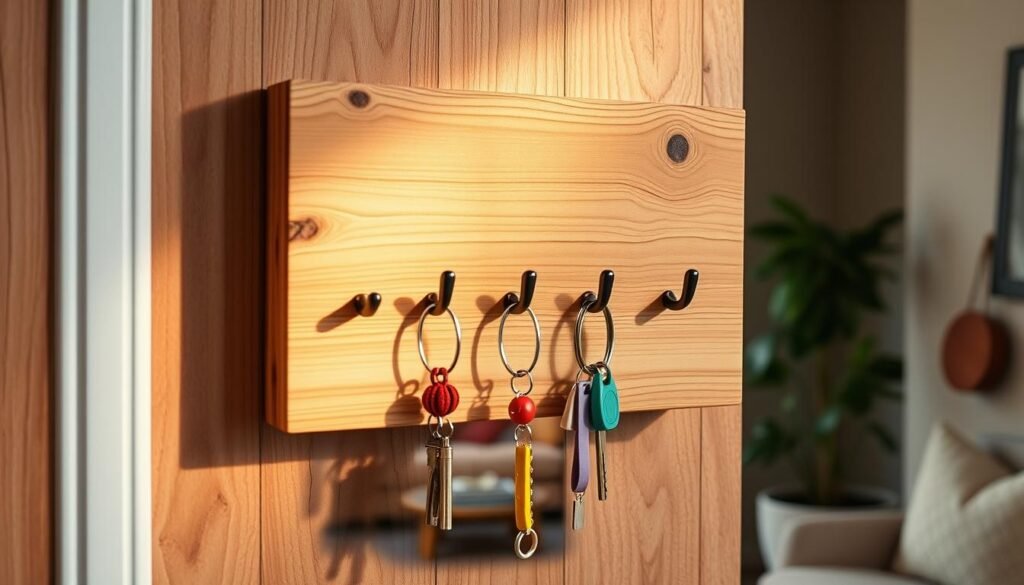 A beautifully crafted wooden key holder, hanging on a rustic wall, showcasing a natural wood finish with distinct grains and knots. The holder features several hooks, elegantly arranged in a symmetrical design. In the foreground, a few colorful keychains dangle from the hooks, adding a touch of personality. The middle features soft, warm lighting that highlights the texture of the wood and casts gentle shadows, creating a cozy atmosphere. In the background, a blurred view of a home entryway with soft furnishings and potted plants can be seen, enhancing the sense of welcoming organization. The overall mood should evoke pride and creativity, capturing the essence of a simple yet functional DIY project.
