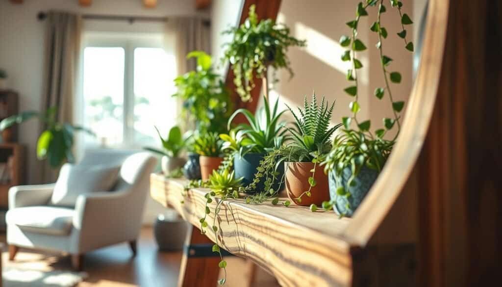 A beautifully crafted wooden plant shelf, showcasing a mix of small potted plants and lush greenery, elegantly positioned in a bright, airy living space. The foreground features a rich, textured wood grain of the shelf, with various plants like succulents, ferns, and trailing vines creating a vibrant display. In the middle ground, sunlight streams in through a nearby window, casting gentle shadows and highlighting the natural imperfections of the wood. The background includes soft-focus elements, such as a cozy armchair and a warm-toned wall, adding depth and warmth to the scene. The atmosphere should evoke a sense of tranquility, blending the beauty of nature with artisanal craftsmanship, captured with a warm filter to emphasize the inviting ambiance.