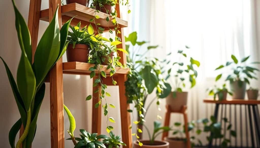 A beautifully crafted wooden plant stand featuring multiple tiers, showcasing a variety of lush houseplants such as ferns and succulents. The foreground highlights a vibrant green snake plant, its upright leaves contrasting with a trailing pothos cascading elegantly over the edge. In the middle, the plant stand sits in a cozy corner of a sunlit room, bathed in soft, natural light filtering through sheer curtains. The background reveals a calming, minimalist décor with a neutral color palette and a hint of greenery from additional plants on a nearby table. The atmosphere is serene and inviting, evoking a sense of tranquility and groundedness, perfect for a peaceful corner in a home. Utilize a warm, soft-focus lens to enhance the light and create a gentle bokeh effect around the edges.