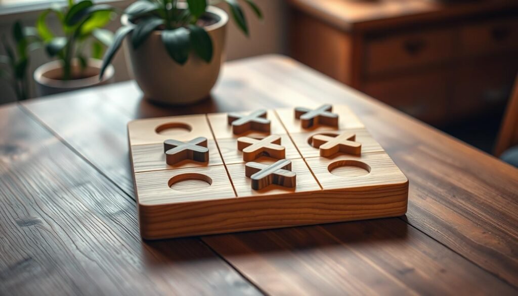 A beautifully crafted wooden tic-tac-toe game displayed on a rustic wooden table. The game board features a smooth, polished surface with hand-carved grid lines and individual slots for the uniquely designed, handcrafted Xs and Os made from different types of wood, showcasing their natural grain and color variations. Soft, warm lighting illuminates the scene, casting gentle shadows that accentuate the textures of the wood. In the background, a cozy home setting is visible with hints of greenery, such as a potted plant softly blurred to convey depth. The atmosphere is inviting and creative, perfect for a quick and enjoyable woodworking project. The composition is shot from a slight angle above the game, emphasizing its details while maintaining the serene ambiance of the space.