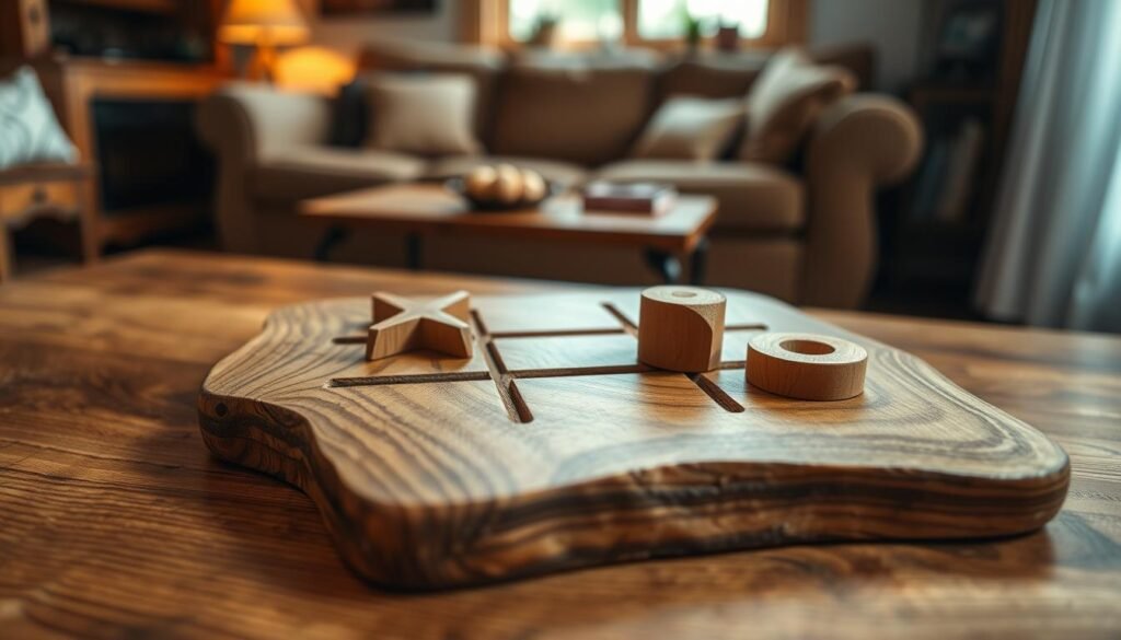 A beautifully crafted wooden tic-tac-toe game set on a rustic wooden table, showcasing the intricate grain of the wood. The foreground features the game board with deep grooves cut into a polished piece of oak, surrounded by hand-carved X and O pieces made from natural wood tones. The middle ground includes a soft-focus background of a cozy living room, with warm lighting filtering through a nearby window, casting gentle shadows. The scene evokes a sense of nostalgia and playful spirit, perfect for family gatherings. Capture the image with a slightly elevated angle, using a shallow depth of field to emphasize the game in clear focus while softly blurring the background. The overall atmosphere is inviting, warm, and homey, conducive to crafting memories over a simple game.