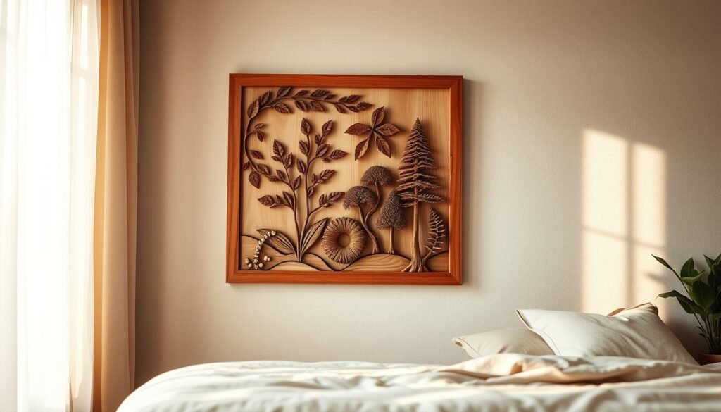A beautifully crafted wooden wall art piece featuring intricate carvings of natural elements like leaves and trees. The foreground showcases the art mounted on a softly textured, neutral-toned wall in a cozy bedroom setting. In the middle ground, a simple wooden frame surrounds the art, emphasizing its craftsmanship with smooth edges and a warm finish. The background includes hints of soft textiles, like a muted bedspread and gentle throw pillows, enhancing the inviting atmosphere. The scene is bathed in warm, diffused natural light streaming through a nearby window, creating a serene and calming mood. The focal point is the wooden art, inviting viewers to appreciate the subtle beauty and warmth it adds to the space. A beautifully crafted wooden wall art piece featuring intricate carvings of natural elements like leaves and trees. The foreground showcases the art mounted on a softly textured, neutral-toned wall in a cozy bedroom setting. In the middle ground, a simple wooden frame surrounds the art, emphasizing its craftsmanship with smooth edges and a warm finish. The background includes hints of soft textiles, like a muted bedspread and gentle throw pillows, enhancing the inviting atmosphere. The scene is bathed in warm, diffused natural light streaming through a nearby window, creating a serene and calming mood. The focal point is the wooden art, inviting viewers to appreciate the subtle beauty and warmth it adds to the space.
