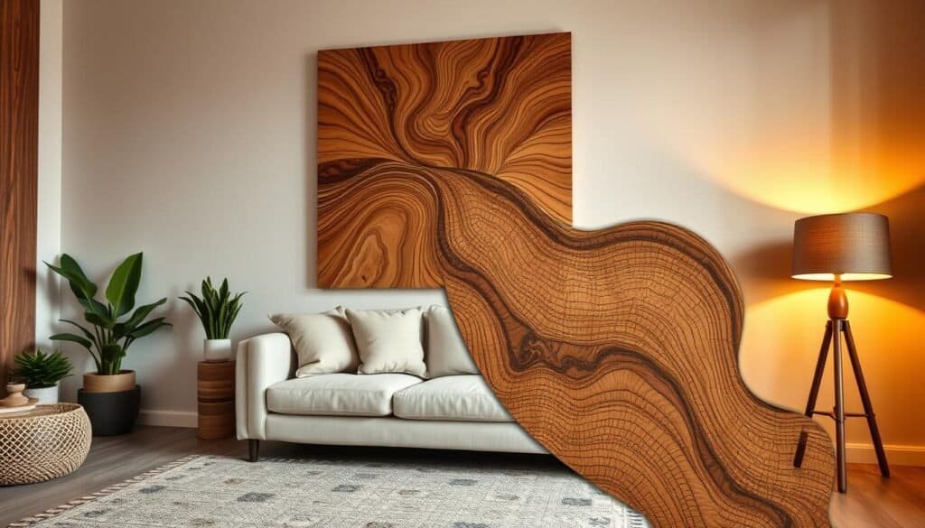 A beautifully crafted wooden wall art piece, featuring intricate patterns of natural wood grains and textures, displayed prominently on a neutral-toned wall. In the foreground, focus on a section of the artwork that highlights its dimensions and details, showcasing its craftsmanship. In the middle, include a cozy living space that reflects harmony, with warm lighting emanating from a nearby lamp, casting soft shadows that enhance the wooden hues. The background should feature hints of natural elements, like potted plants and a textured rug, enhancing the room's grounded feel. The atmosphere is serene and inviting, embodying a perfect blend of style and comfort. The composition should evoke a sense of tranquility and home.