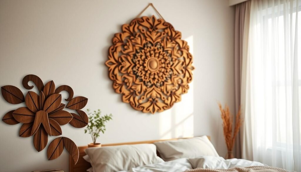 A beautifully crafted wooden wall art piece hanging in a cozy, softly lit bedroom. In the foreground, intricate patterns of carved wood create a charming focal point, showcasing organic shapes and earthy tones like deep browns and warm beiges. The middle ground reveals a bedside table adorned with a small plant and a neatly arranged book, reinforcing the serene atmosphere. In the background, soft, natural light filters through sheer curtains, casting gentle shadows that enhance the warm wood textures. The camera angle is slightly above eye level, offering a tranquil vantage point that invites relaxation. This scene conveys a calming, peaceful mood, ideal for creating a restful environment. The image is realistic, with no overlays, logos, or text, capturing the essence of wooden décor.