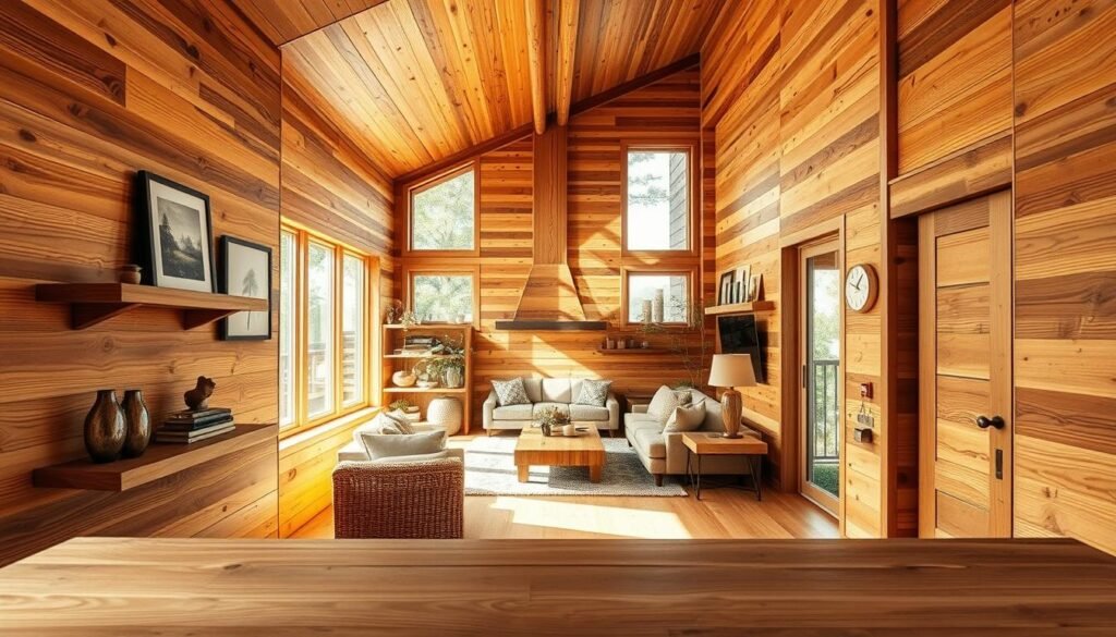 A beautifully crafted wooden wall featuring a mix of warm-toned, textured panels, showcasing natural grains and knots. The foreground highlights elegant wooden accents like shelves and mounted artwork, harmoniously integrated into the woodwork. In the middle, a cozy living room is visible, adorned with rustic furnishings, soft textiles, and warm lighting that creates an inviting atmosphere. The background displays large windows allowing natural light to filter in, casting gentle shadows that enhance the depth of the wood features. The overall mood is tranquil and homely, emphasizing the transformative power of natural wood in interior design. The image is shot with a wide-angle lens to capture the full beauty of the space, ensuring a clear, crisp focus throughout.