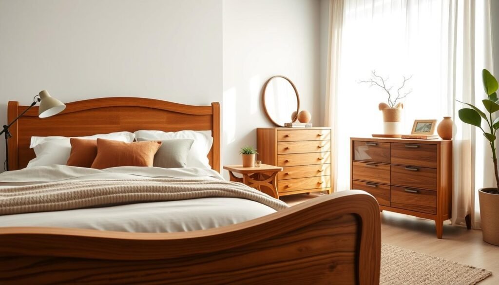 A beautifully curated bedroom setting featuring statement wooden furniture pieces. In the foreground, showcase a stunning handcrafted oak bed frame with elegant curves, adorned with soft, natural bedding in earthy tones. To the side, a unique wooden nightstand with intricate details holds a minimalist lamp and a small potted plant. In the middle ground, highlight a stylish wooden dresser with a warm finish reflecting a cozy atmosphere. The background features soft, diffused natural light streaming through sheer curtains, enhancing the serene mood. Capture wide-angle depth to emphasize the spaciousness of the room, while maintaining a focus on the quality craftsmanship of the wooden furniture. The overall composition should evoke feelings of calm, warmth, and a connection to nature.