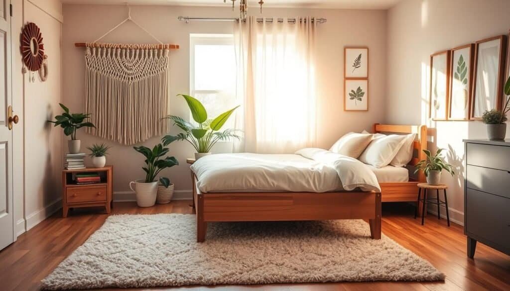 A beautifully decorated DIY bedroom featuring soft neutral tones and cozy textures. In the foreground, a handmade wooden bed frame adorned with a macramé wall hanging above it. Beside the bed, a vintage-style side table with a small potted plant and a stack of colorful books. The middle ground showcases a plush area rug and DIY artwork on the walls, including framed botanical prints. In the background, a window with sheer curtains lets in warm, natural light, casting gentle shadows across the room. A touch of greenery from houseplants creates a serene atmosphere, evoking a sense of tranquility and creativity. The overall mood is inviting, peaceful, and inspiring, perfect for a space transformed by thoughtful DIY projects.