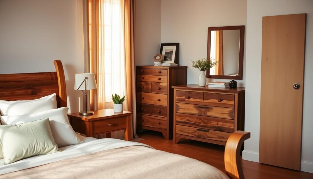 A beautifully decorated bedroom featuring elegant wood accents. In the foreground, a handcrafted wooden bed frame with a rich walnut finish sits adorned with soft, neutral-toned bedding. Beside the bed, a sleek wooden nightstand holds a small potted plant and a stylish lamp. In the middle ground, a rustic wooden dresser with visible grain patterns reflects natural light, while a framed mirror accentuates the space. The backdrop reveals a cozy window with sheer curtains allowing warm, diffused sunlight to bathe the room in a soft glow. The overall atmosphere is warm and inviting, designed to evoke a sense of comfort and tranquility, showcasing how simple wood accents can transform any bedroom into a serene retreat.