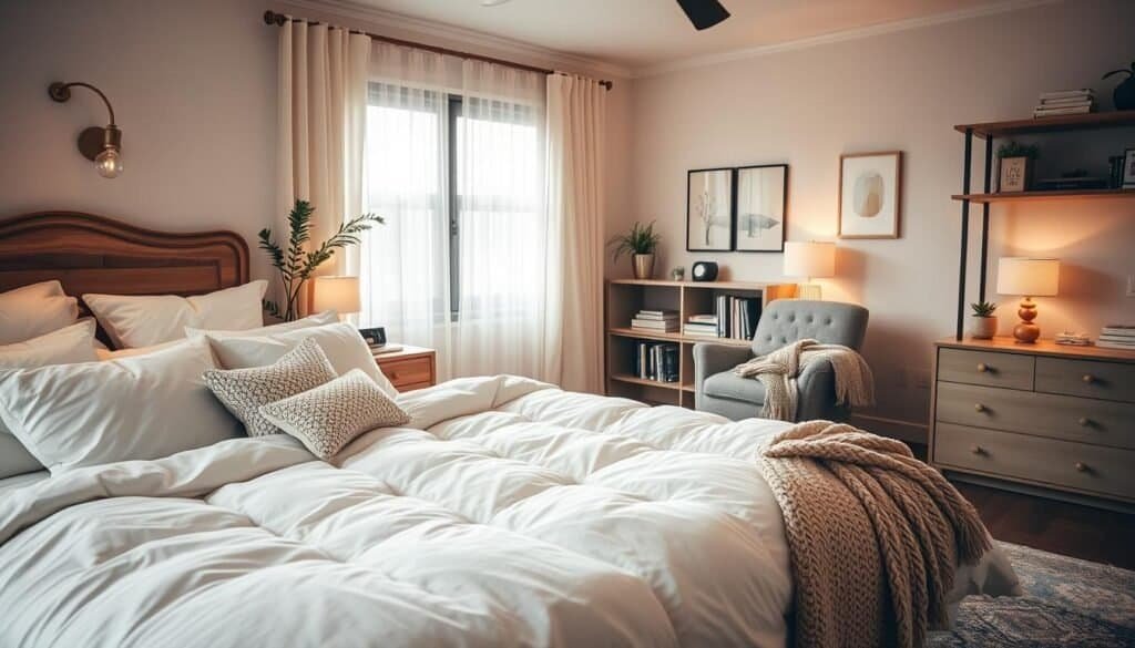 A beautifully decorated cozy bedroom featuring a soft, inviting color palette of warm neutrals and gentle pastels. In the foreground, a plush, oversized bed adorned with fluffy white linens and a myriad of decorative pillows sits against a charming wooden headboard. On either side, stylish nightstands hold softly glowing lamps and small potted plants, adding a touch of greenery. The middle ground reveals a tufted armchair draped with a knit blanket, positioned near a floor-to-ceiling window where sheer curtains gently filter the natural light. In the background, subtle wall art and cozy shelving display curated books and decorative items. The atmosphere is serene and rejuvenating, evoking a perfect retreat for relaxation. The lighting is soft and warm, suggesting a golden hour glow, with a shallow depth of field for a dreamy effect.