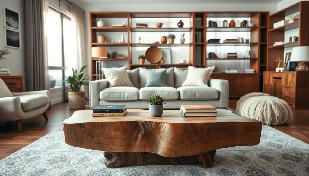 A beautifully decorated living room showcasing warm wood accents. In the foreground, a rustic coffee table made of reclaimed wood, adorned with a small potted plant and a stylish book stack. In the middle ground, a cozy sofa upholstered in neutral tones, accented with throw pillows that complement the wood details. Behind, elegant wooden shelves are filled with curated décor, while a soft area rug adds texture to the floor. The room is bathed in soft, natural light coming through large windows with sheer curtains, creating a warm and inviting atmosphere. The lens captures the scene from a slightly elevated angle to emphasize depth. The overall mood is calming and stylish, highlighting the transformative power of natural wood in a living space.