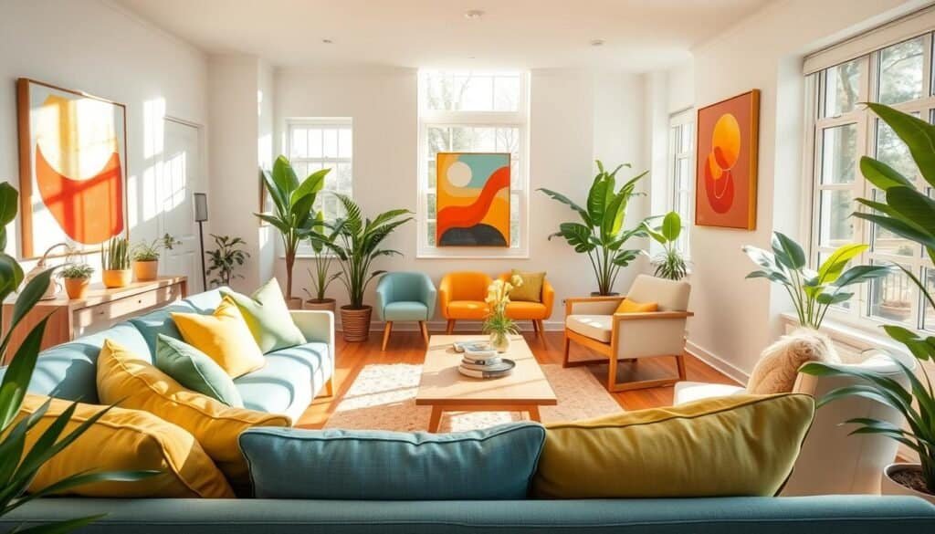 A beautifully decorated living room that embodies the principles of color psychology. In the foreground, a cozy, modern sofa upholstered in calming blue fabric, accented by vibrant yellow and green throw pillows. The middle of the room features a chic coffee table made of natural wood, surrounded by chairs in a mix of soft, refreshing colors. Bright artwork hangs on the walls, introducing splashes of red and orange that evoke energy and creativity. Sunlight streams in through large windows, casting warm, inviting light across the space. Potted plants in various shades of green add life and contrast, creating a harmonious and uplifting atmosphere. The overall mood is vibrant yet serene, appealing to feelings of comfort and rejuvenation. Achieved with a wide-angle lens and soft focus, showcasing warmth and brightness throughout the scene.