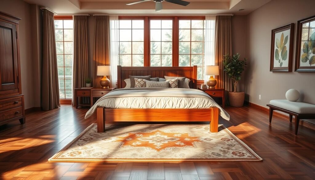 A beautifully decorated master suite featuring warm wooden elements, showcasing a cozy and inviting atmosphere. In the foreground, a stylish wooden bed frame with plush bedding and decorative pillows, complemented by rustic nightstands. The middle ground includes a vibrant area rug laid on a polished wooden floor, with soft lighting emanating from elegant bedside lamps. In the background, large windows with gentle curtains allow natural light to filter in, illuminating the room and highlighting the wood's rich texture. The walls are adorned with tasteful art pieces that incorporate wooden frames, creating a harmonious aesthetic. The overall mood is serene and tranquil, promoting a sense of comfort and well-being. Aim for warm, soft lighting to enhance the calming vibe of the space. A beautifully decorated master suite featuring warm wooden elements, showcasing a cozy and inviting atmosphere. In the foreground, a stylish wooden bed frame with plush bedding and decorative pillows, complemented by rustic nightstands. The middle ground includes a vibrant area rug laid on a polished wooden floor, with soft lighting emanating from elegant bedside lamps. In the background, large windows with gentle curtains allow natural light to filter in, illuminating the room and highlighting the wood's rich texture. The walls are adorned with tasteful art pieces that incorporate wooden frames, creating a harmonious aesthetic. The overall mood is serene and tranquil, promoting a sense of comfort and well-being. Aim for warm, soft lighting to enhance the calming vibe of the space.