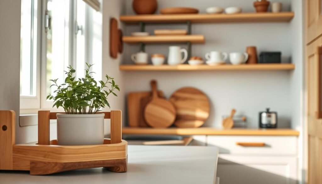 A beautifully designed apartment kitchen featuring small wood accents, such as a rustic wooden spice rack, wooden drawer pulls, and elegant cutting boards. In the foreground, a finely crafted wooden herb planter sits on a minimalist kitchen counter. The middle ground showcases light wood shelves displaying kitchen essentials, creating an inviting atmosphere. In the background, soft natural light filters through a window, illuminating the subtle grain of the wood accents. The scene is captured from a cozy angle, emphasizing the warmth and simplicity of the design. The mood is serene and uplifting, perfect for a morning routine. Ensure the image reflects realistic home décor without any text, logos, or watermarks.