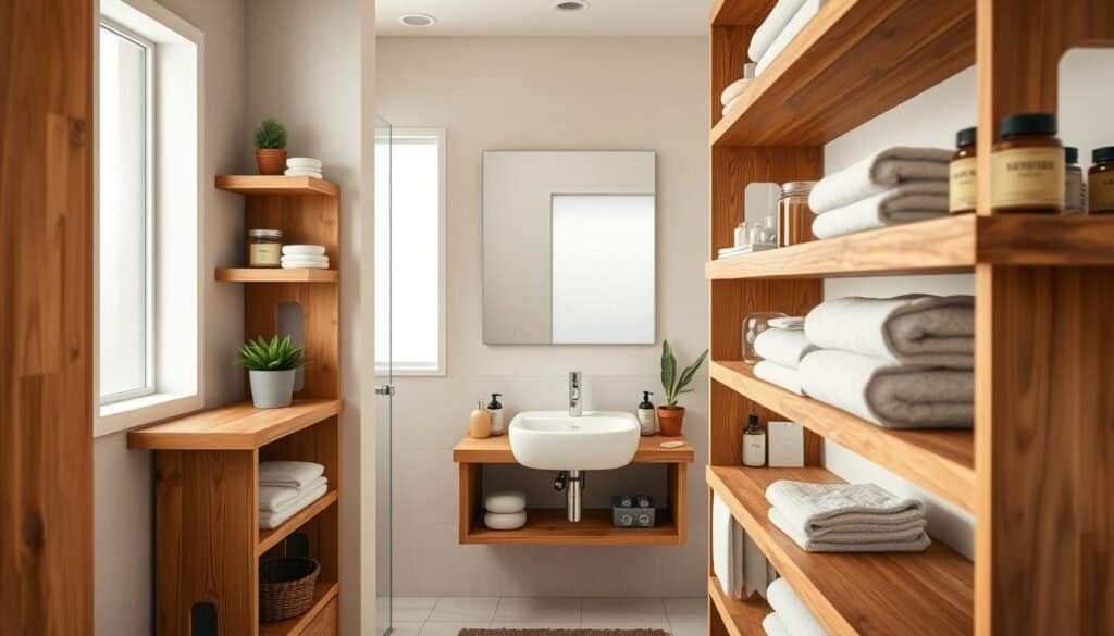 A beautifully designed bathroom featuring wooden shelves crafted from natural oak. In the foreground, the shelves are adorned with neatly arranged towels, stylish jars, and a small potted plant, creating an inviting and organized look. The middle ground showcases a clean, modern sink and mirror, reflecting the warm tones of the wood. In the background, soft natural light filters through a frosted window, enhancing the cozy atmosphere. The walls are painted in a neutral tone that complements the wood, while light-colored tiles create a fresh feel. The scene is captured from a slight high angle, emphasizing the shelving details and the harmonious blend of materials, inviting viewers into a serene, spa-like environment.
