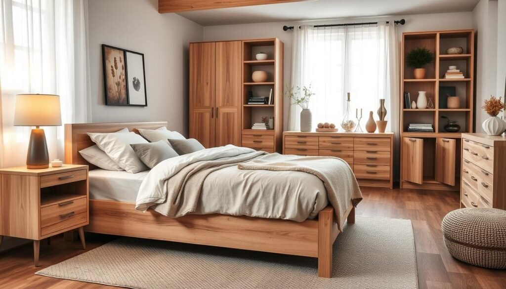 A beautifully designed bedroom showcasing a range of wood elements tailored for various sizes. In the foreground, feature a cozy queen-size bed with a natural wood frame, adorned with soft, neutral-colored bedding, and a plush throw. To the side, include a sleek nightstand made of light oak, topped with a stylish lamp casting a warm glow. In the middle ground, showcase practical storage solutions, like wooden dressers and shelves filled with tasteful decor, emphasizing natural textures. The background should feature a window with sheer curtains, allowing soft daylight to filter in, creating an inviting atmosphere. Capture this scene with a warm color palette and a soft focus lens, evoking tranquility and comfort, ideal for a relaxing retreat.