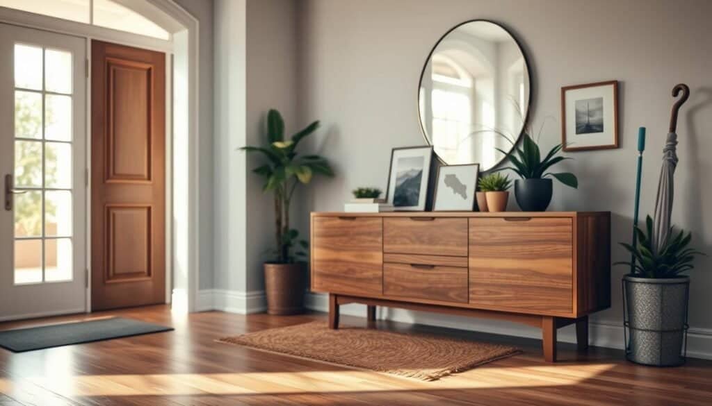 A beautifully designed entryway featuring a sleek wooden console table adorned with decorative elements like potted greenery, a stylish mirror, and tasteful art pieces. In the foreground, showcase the console table with polished wood grain details and subtle textures. In the middle ground, present a warm, welcoming rug that adds an inviting touch to the space. The background should include soft, ambient lighting giving off a cozy glow, with light filtering through a nearby window, casting gentle shadows. Capture a sense of tranquility and refreshment in the atmosphere, evoking a feeling of home and warmth. Include elements like an umbrella stand or a stylish coat rack, enhancing the entryway's functionality while maintaining a modern aesthetic. Use a wide-angle lens to emphasize the spaciousness and elegance of the entryway.