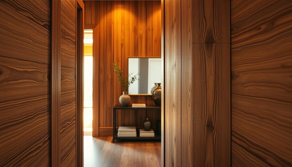 A beautifully designed entryway featuring stunning wood wall treatments. In the foreground, a close-up of rich, textured wood paneling, showcasing grains and knots, elegantly applied to the wall. The middle ground includes a stylish console table adorned with minimalistic decor, like a small vase of greenery and a simple, framed mirror, reflecting natural light. In the background, a softly lit doorway with a hint of warm sunlight streaming in, enhancing the cozy atmosphere. The lighting is warm and inviting, creating a serene ambiance that encourages relaxation as one enters the space. The angle is slightly from above, capturing the details of the wood and decor while conveying depth and warmth.