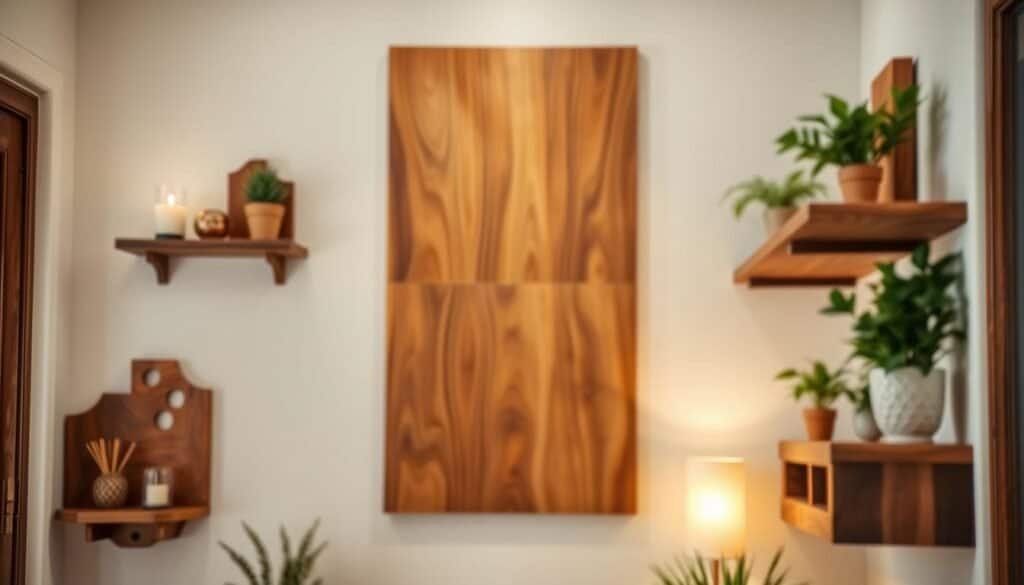 A beautifully designed entryway featuring wall-mounted wood accents that make a statement. In the foreground, display a set of intricately crafted wooden shelves adorned with decorative elements like plants and candles. The middle section showcases a textured wood panel with a warm, rich finish, adding depth and character to the space. The background consists of a soft, neutral-toned wall, enhancing the natural beauty of the wood. Ideal ambient lighting casts a gentle glow, creating a welcoming atmosphere. Capture the scene with a shallow depth of field to focus on the wood accents, emphasizing their craftsmanship and elegance. Use a wide-angle lens to convey the entirety of the entryway while maintaining a cozy feeling.