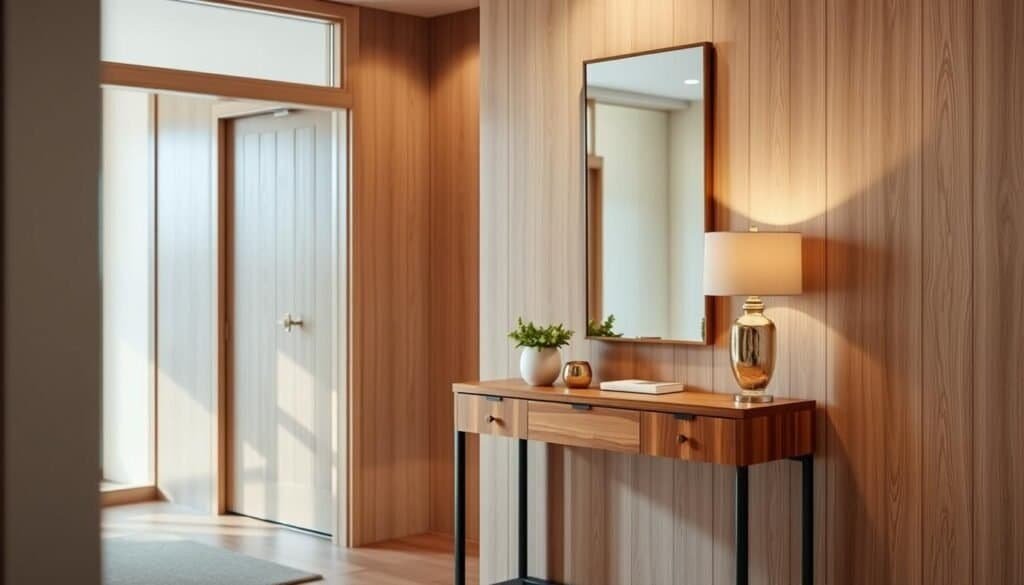 A beautifully designed entryway showcasing elegant wood accents. In the foreground, a polished wooden console table with decorative items, such as a modern vase and a small plant. In the middle ground, a stylishly arranged mirror above the table, reflecting soft, warm lighting that creates an inviting atmosphere. The walls feature subtle wood paneling, enhancing the space's sophistication. In the background, a closed door with natural wood grain adds to the overall design. The scene is softly lit with natural light filtering through a nearby window, casting gentle shadows. The mood is warm, welcoming, and elegantly modern, emphasizing the beauty of gentle wood accents in home décor.