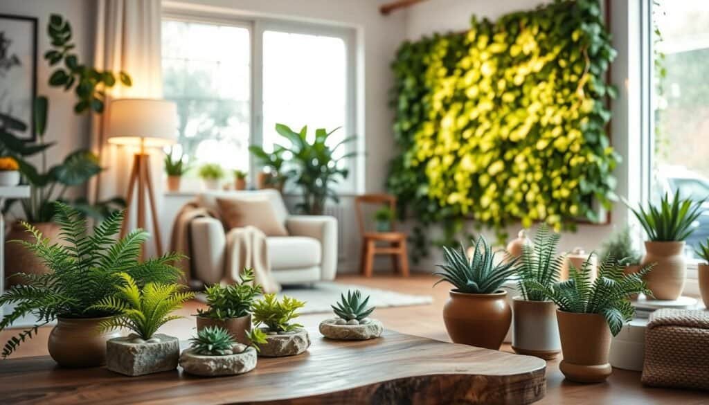 A beautifully designed indoor garden scene that showcases various decor ideas to bring the outdoors inside. In the foreground, vibrant potted plants like ferns and succulents are arranged on a wooden coffee table made of reclaimed wood, topped with natural stone coasters. The middle ground features a cozy seating area with a comfortable armchair draped in soft, earthy-toned textiles and a floor lamp that casts a warm glow. In the background, a large window allows natural light to stream in, illuminating a vertical garden wall filled with lush green climbing plants. The atmosphere is serene and inviting, evoking a sense of calm and rejuvenation, ideal for revitalizing any room. The image should have an airy and bright ambiance, captured with a soft-focus lens to enhance the natural elements and textures.