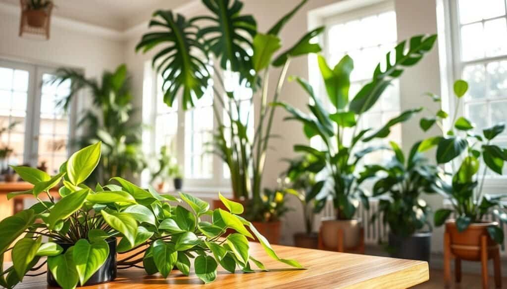 A beautifully designed indoor space showcasing a harmonious arrangement of various houseplants that provide a sense of balance and tranquility. In the foreground, vibrant green pothos and snake plants are elegantly placed on a wooden table, drawing attention with their distinct shapes. The middle ground features tall, leafy monstera and rubber plants adding depth to the scene. In the background, large windows allow soft, natural sunlight to filter in, illuminating the space and creating a serene atmosphere. The overall mood is calm and inviting, emphasizing the balance that plants bring to a home. Capture this scene with a wide-angle lens to convey the spaciousness, ensuring the plants appear lush and vibrant in the warm, airy light.
