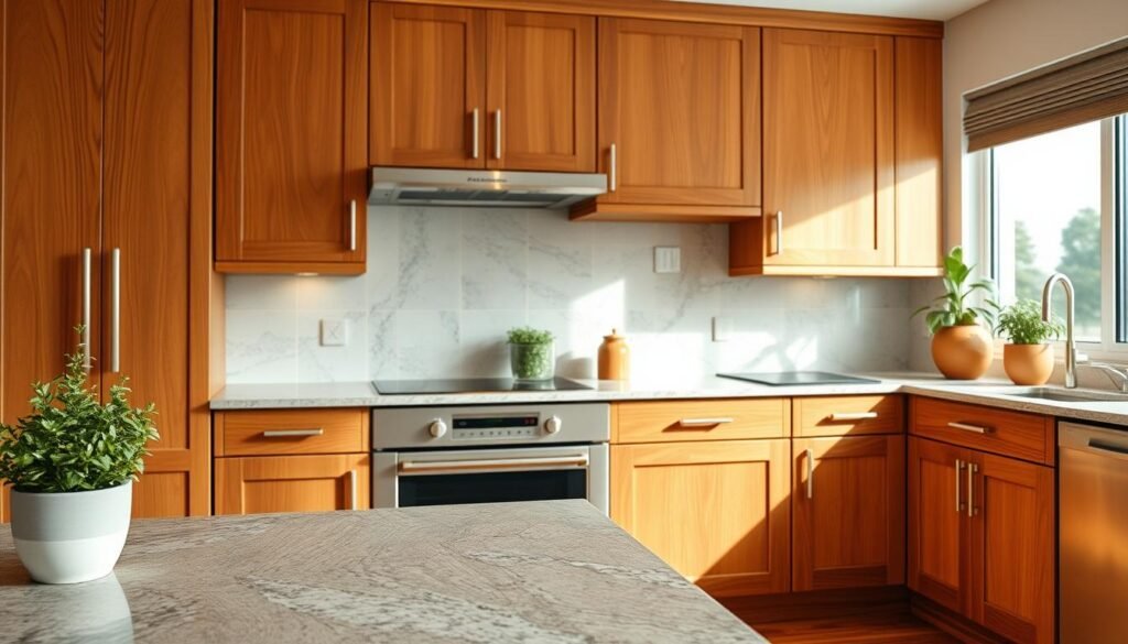 A beautifully designed kitchen featuring elegant wood cabinetry that exudes warmth and comfort. In the foreground, showcase stunning wooden cabinets with intricate grain patterns and a rich, natural finish, embellished with modern, brushed metal hardware. The middle ground includes a stylish countertop made of granite or quartz that complements the cabinetry, adorned with decorative kitchen elements like fresh herbs in stylish pots. In the background, natural light floods the space through a large window, enhancing the warm, inviting atmosphere. Use soft, diffused lighting to create a cozy feel, with a focus on the craftsmanship of the cabinetry. The angle should highlight the textures and details, making it an ideal visual for inspiring wood accent ideas in kitchen design.