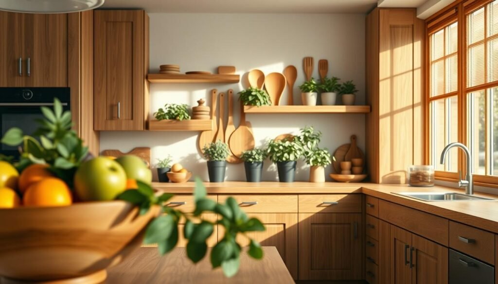 A beautifully designed kitchen featuring elegant wood details, showcasing warm oak cabinetry and natural wood countertops. In the foreground, a handcrafted wooden fruit bowl filled with fresh produce adds a touch of organic charm. The middle section displays open shelves with artisanal wooden utensils and potted herbs, inviting a sense of liveliness. The background captures soft light streaming through a large window, highlighting the grain of the wood and casting gentle shadows. The overall atmosphere is serene and inviting, evoking a sense of warmth and comfort. Use natural lighting with a diffused glow for a cozy morning feel, shot with a 35mm lens to emphasize textures and depth.