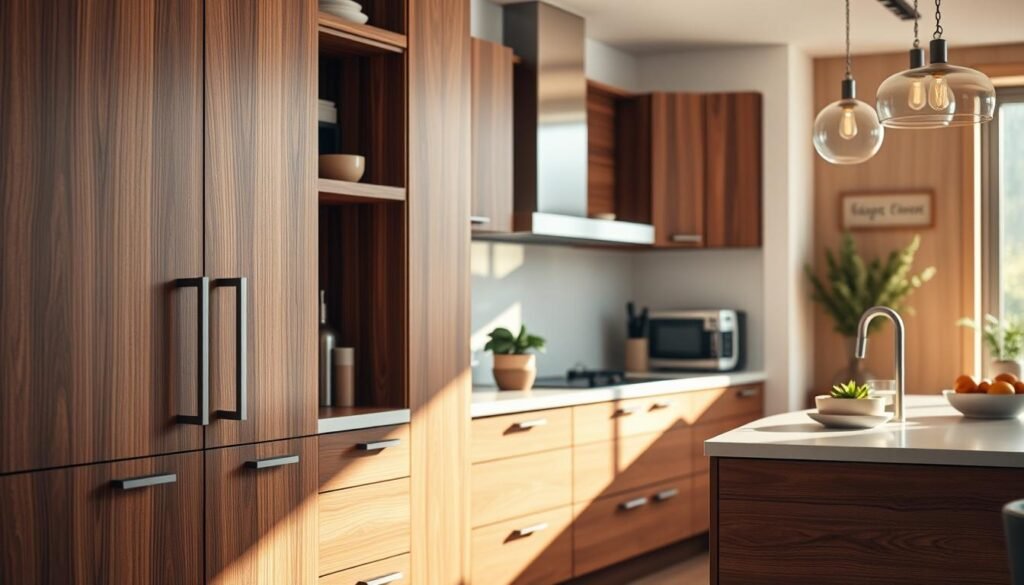 A beautifully designed kitchen featuring modern wooden focal points in the cabinet design. In the foreground, a sleek wooden cabinet with intricate grain patterns, showcasing various drawer pulls and shelving. The middle ground includes an elegant countertop adorned with a small potted plant and chic kitchen accessories, enhancing the warmth of the wooden elements. In the background, light streams in through a window, casting soft shadows and highlighting the rich textures of the wood. The atmosphere is inviting and cozy, filled with a sense of modern elegance. Use warm, natural lighting to enhance the wood tones. Capture this scene from a slight angle with a focus on depth, emphasizing the contrast between the wooden accents and the overall kitchen design.