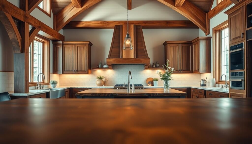 A beautifully designed kitchen, focusing on structural wood elements that convey warmth and architectural intricacy. In the foreground, showcase rich, polished wooden beams and elegant cabinetry with intricate grain patterns. In the middle, feature a large kitchen island made of reclaimed wood, topped with soft accent lighting that casts a warm glow. The background reveals a cozy kitchen atmosphere with neutral-toned walls, warm lighting, and subtle greenery. Utilize soft, natural lighting to create a welcoming ambiance, simulating the soft morning light coming through a window. The lens should have a slight depth of field to emphasize the textured wood elements, capturing the inviting essence of a home filled with natural warmth and character.