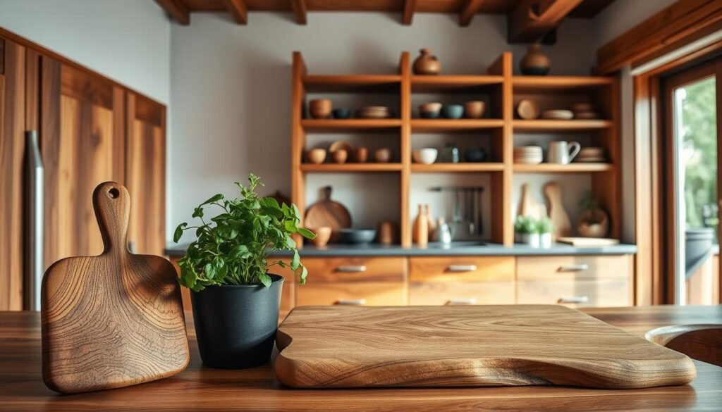 A beautifully designed kitchen showcasing sustainable wood details, emphasizing rich, warm tones of reclaimed oak and bamboo. In the foreground, a handcrafted cutting board with intricate grain patterns sits next to a potted herb plant, adding a vibrant pop of green. In the middle, there are open shelving units made from ethically sourced timber, displaying artisanal pottery and eco-friendly kitchen tools. A large window in the background lets in soft, natural light, highlighting the textures and colors, creating a serene atmosphere. The scene is shot from a slightly elevated angle to capture the elegant arrangement of these elements, evoking a sense of comfort and connection to nature in this eco-conscious space.