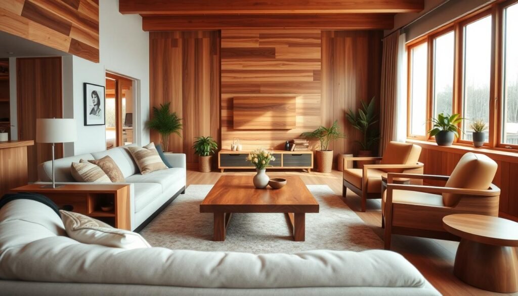 A beautifully designed living room featuring a mix of natural wood tones and finishes. In the foreground, a cozy, plush sofa with neutral fabric offers comfort, adorned with wooden side tables showcasing organic shapes. The middle layer includes a warm wooden coffee table, surrounded by contemporary armchairs that highlight a rich mahogany hue. The walls are accented with natural wood paneling, showcasing varying grains and textures, while a few potted greenery elements add a touch of life. In the background, large windows allow soft, diffused sunlight to flood the space, creating a serene atmosphere. The overall mood is warm and inviting, perfect for showcasing the beauty of wood interior design. The scene is captured with a wide-angle lens to emphasize the spacious layout and create depth.