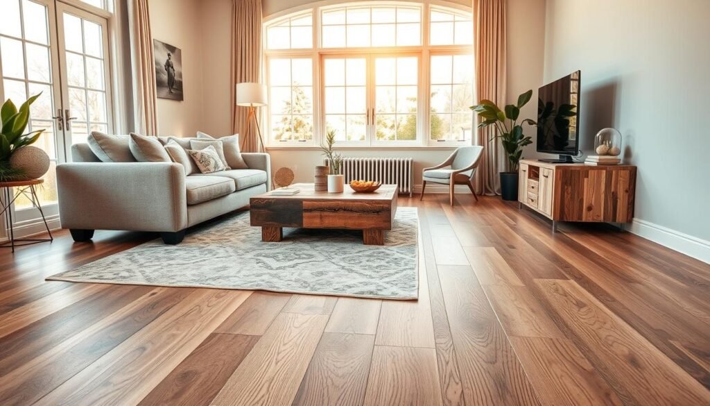 A beautifully designed living room featuring natural wood flooring, showcasing various wood tones and textures. In the foreground, a stylish area rug lies on the floor, complemented by a plush sofa adorned with neutral throw pillows. The middle ground includes a coffee table made of reclaimed wood, with a few decorative items like a plant and a candle. In the background, large windows allow soft, warm sunlight to flood the room, illuminating the rich grains of the wooden floor. The walls are painted a soft, light color, enhancing the cozy, inviting atmosphere. This scene captures a harmonious balance of elegance and comfort, ideal for illustrating inspiring wood flooring ideas in home décor.