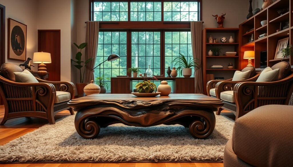 A beautifully designed living room featuring statement wood furniture pieces, such as a stunning, intricately carved coffee table made of rich walnut, paired with elegant wooden accent chairs. In the foreground, a lush area rug complements the furniture, adding warmth to the scene. The middle features soft, ambient lighting illuminating the room, with natural light streaming through a large window showcasing a view of greenery outside. The background includes tasteful decor elements like a wooden bookshelf filled with artistic items and plants, enhancing the natural aesthetic. Aim for a cozy, inviting atmosphere, captured from a slightly elevated angle that emphasizes the textures and craftsmanship in the woodwork.