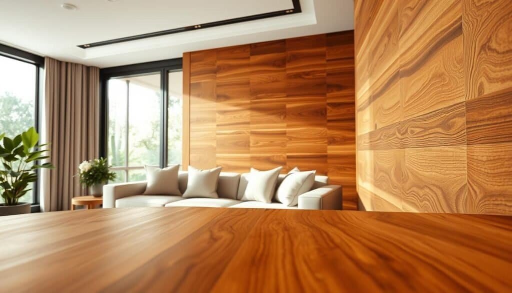 A beautifully designed living room featuring stunning wooden wall accents. In the foreground, a close-up view highlights intricately crafted wooden panels with rich textures and warm tones, showcasing natural grains and finishes. The middle of the scene includes a cozy sofa adorned with soft pillows, inviting a sense of relaxation. In the background, large windows allow soft, diffused natural light to filter in, casting gentle shadows and enhancing the wood's warmth. The overall atmosphere is inviting and serene, perfect for a home that feels warmer and more welcoming. The image should capture a wide-angle perspective, emphasizing the elegance of the wooden accents as a focal design element in modern home decor.