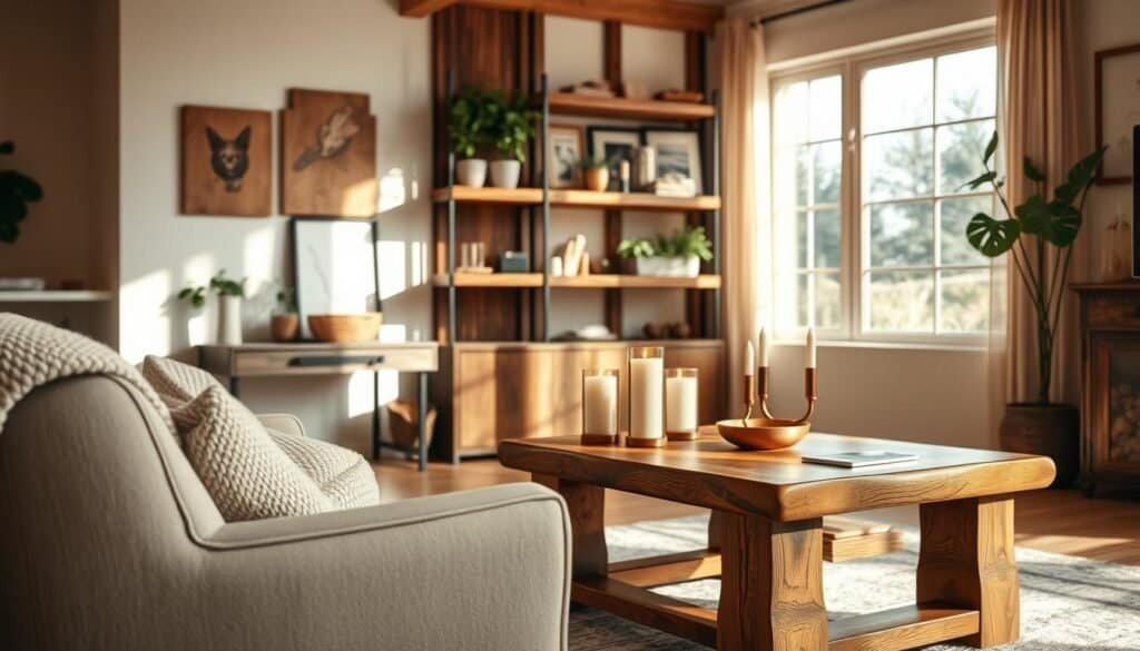 A beautifully designed living room featuring warm wood accents, such as a stunning wooden coffee table adorned with decorative candles and a plush textured throw. In the foreground, a cozy armchair with a soft fabric upholstery complements the natural wood grain. The middle ground showcases elegant shelves made from reclaimed wood, holding curated home décor items and greenery. The background reveals a large window with sunlight streaming in, casting gentle shadows and creating a warm, inviting atmosphere. Use a soft-focus lens to enhance the wooden textures and create a serene, cozy mood. The overall lighting is warm and natural, evoking a feeling of comfort and sophistication in home design.