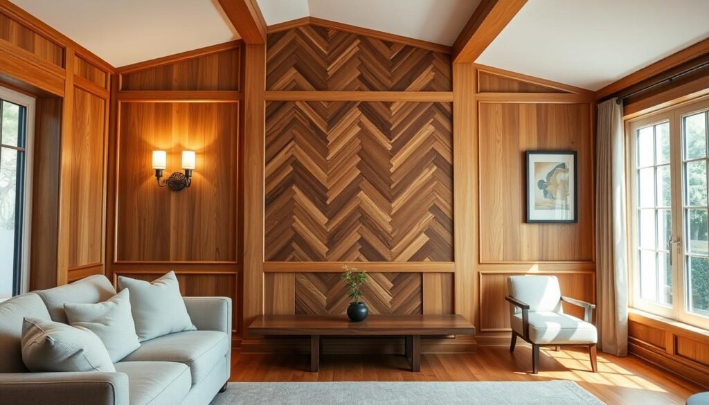 A beautifully designed living room featuring warm wooden paneling on the walls, creating an inviting and cozy atmosphere. In the foreground, a plush, neutral-colored sofa with soft cushions is placed against the wooden walls. The middle layer showcases polished oak paneling with a herringbone pattern, reflecting soft, warm lighting from elegant sconces. The background includes large windows allowing natural light to spill into the room, highlighting the rich texture of the wood. The room is adorned with tasteful decor, such as a small potted plant and stylish wall art, enhancing the aesthetic appeal. Capture the scene with a wide-angle lens to emphasize depth and warmth, creating a serene and stylish ambiance perfect for relaxation.