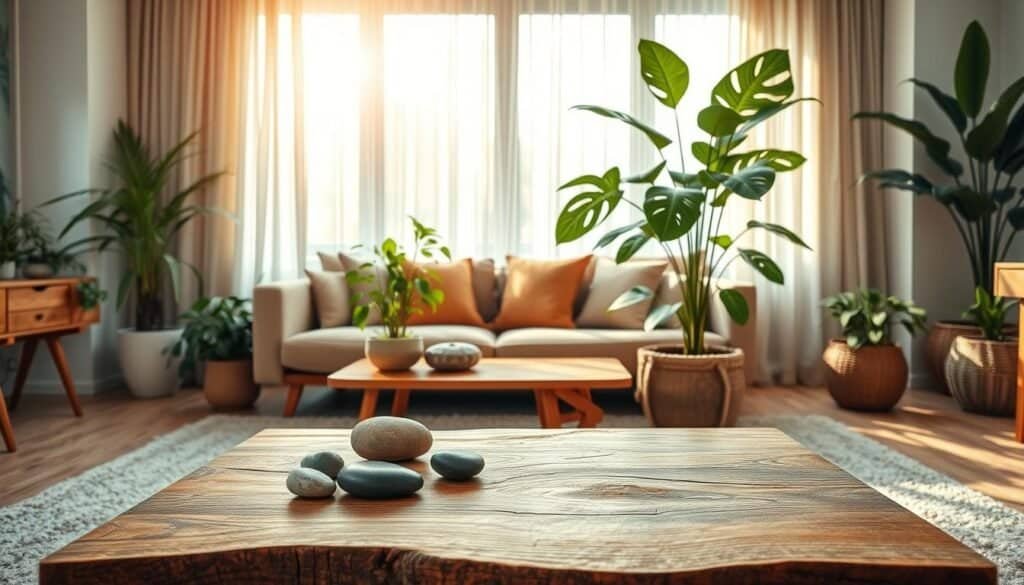 A beautifully designed living room filled with natural elements, showcasing a harmonious blend of indoor plants and wooden furnishings. In the foreground, a stylish coffee table made from reclaimed wood, adorned with decorative stones and a small potted succulent. In the middle, a large, leafy potted plant stands elegantly next to a contemporary sofa, complemented by earthy-toned cushions. The background features a large window with sheer curtains, allowing warm, soft sunlight to filter through, casting gentle shadows across the room. The atmosphere is serene and inviting, with a natural color palette of greens, browns, and soft whites, creating a sense of calm and connection to nature. The image captures the essence of a tranquil, eco-friendly home environment, emphasizing the beauty of plant-and-wood pairings in modern design.