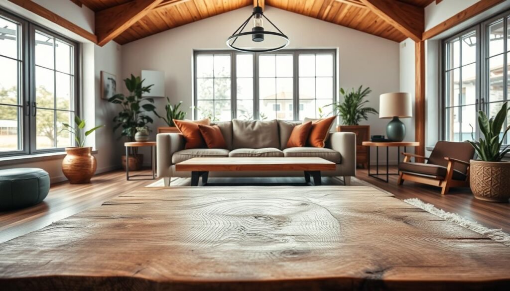 A beautifully designed living room showcasing a harmonious blend of natural wood and industrial metal elements. In the foreground, a rustic wooden coffee table with intricate grain patterns sits atop a soft, textured area rug. The middle ground features a comfortable, modern sofa upholstered in muted tones, accented with metal legs and wooden side tables. In the background, large windows allow natural light to stream in, illuminating wooden beams on the ceiling and showcasing a statement metal light fixture. Warm, inviting colors create a cozy atmosphere, while greenery in stylish planters adds a touch of vitality. The scene should evoke a sense of balance and tranquility, emphasizing the appeal of mixing wood with metal in home décor. Professional photo quality, with soft lighting and a wide-angle lens perspective.