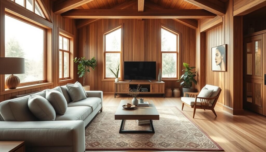 A beautifully designed living room with a warm wood interior, showcasing rich oak paneling and exposed beams. The foreground features a plush, neutral sofa with elegant throw pillows, complemented by a low wooden coffee table. In the middle, a stylish area rug adds texture, while a sleek, modern media console harmonizes with the rustic elements. The background reveals large windows allowing soft, natural light to flood in, illuminating the soft golden tones of the wood. Accent pieces, such as potted plants and artisanal decor, enhance the inviting atmosphere. The composition emphasizes a serene and welcoming mood, inviting viewers to envision the beauty and tranquility of wood in a high-traffic entryway. The scene is photographed in soft focus with a wide-angle lens for a spacious feel, emphasizing the balance between comfort and style.