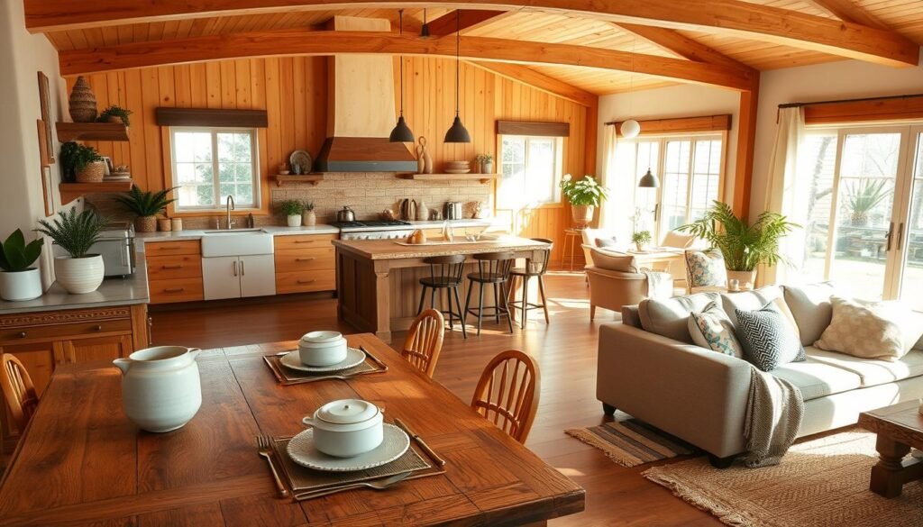 A beautifully designed open concept kitchen and living room radiating a bohemian style, featuring warm wooden accents and cozy furnishings. In the foreground, a rustic wooden dining table is set with simple yet elegant tableware, bringing a touch of comfort. The middle ground reveals a spacious kitchen with a large island, adorned with plants and artistic ceramic dishware. The living room area showcases a comfortable sofa with patterned cushions and a textured throw rug, creating an inviting atmosphere. Bright, natural light floods the space through large windows, casting soft shadows and enhancing the warm wood tones. The overall mood is warm and welcoming, perfect for family gatherings and relaxed dining experiences, captured from a slightly elevated angle to emphasize the layout and flow of the area.