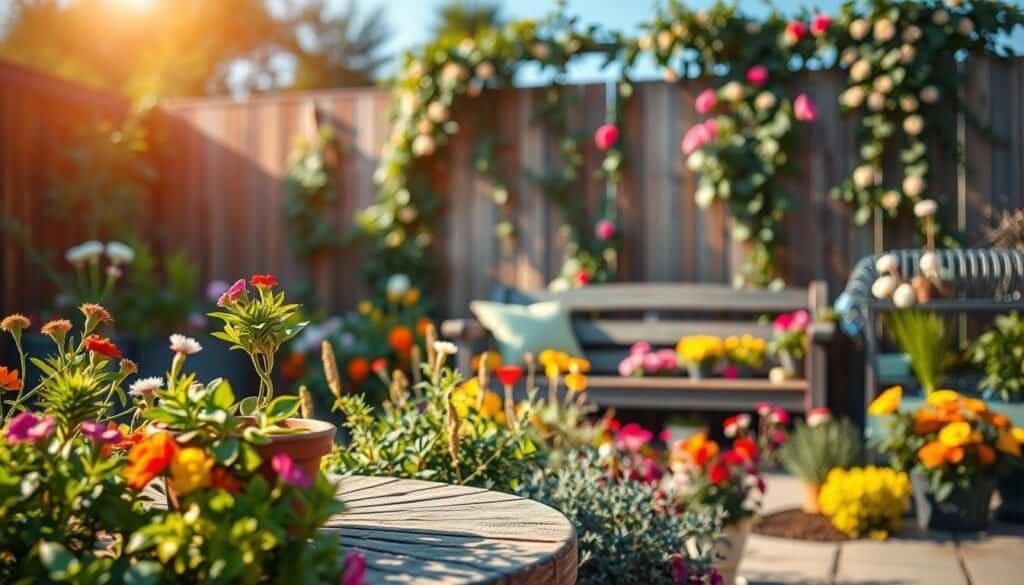A beautifully designed outdoor garden, showcasing a serene space for relaxation and reflection. In the foreground, strategically placed lush greenery, including a small potted plant on a rustic wooden table, complemented by colorful flowers in varied heights. The middle ground features a cozy bench surrounded by a diverse array of blooming plants in harmonious colors, creating depth and visual interest. In the background, a soft-focus view of a wooden fence draped with climbing vines under a clear blue sky, bathed in warm, golden hour sunlight. The atmosphere evokes tranquility and inviting charm, capturing the transformative power of plants in outdoor settings. Photographed with a shallow depth of field, using a natural light setup to enhance the beauty of the foliage and flowers.