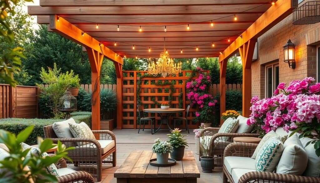 A beautifully designed outdoor garden space featuring a warm wooden pergola, providing a defined living area. In the foreground, there are comfortable seating arrangements with plush cushions and a rustic wooden table adorned with potted plants. The middle ground showcases the elegant wooden pergola, intricately crafted, with climbing vines and string lights giving a cozy ambiance. In the background, lush greenery and colorful blossoming flowers create a vibrant, inviting atmosphere. The scene is bathed in soft, golden hour lighting, enhancing the warmth of the wood and the vibrancy of the flowers. Capture this serene outdoor space from a slightly elevated angle, highlighting the inviting nature of the garden decor.