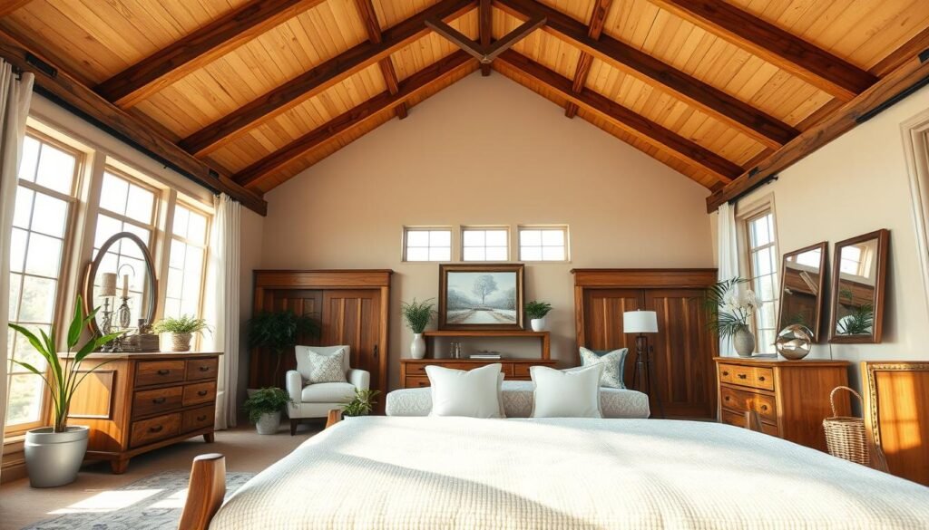 A beautifully designed vaulted master bedroom showcasing elegant decor, featuring a high ceiling framed with exposed wooden beams. In the foreground, a statement piece of natural wood furniture, such as a rustic bed frame or a handcrafted dresser, draws the eye with its rich texture and warm tones. The middle ground includes soft, inviting bedding in neutral colors and tastefully arranged decorative pillows. Scattered potted plants add a touch of greenery. The background features large windows letting in natural light, illuminating the space and creating a serene atmosphere. The scene conveys a cozy, calming mood, perfect for relaxation. The lighting is soft and warm, akin to early morning sunlight, captured with a slight depth of field to emphasize the furniture.